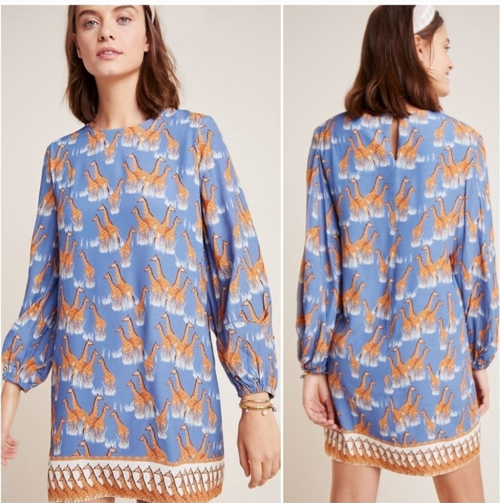 Anthropologie Blue Giraffe Print Long-Sleeve Shift Dress